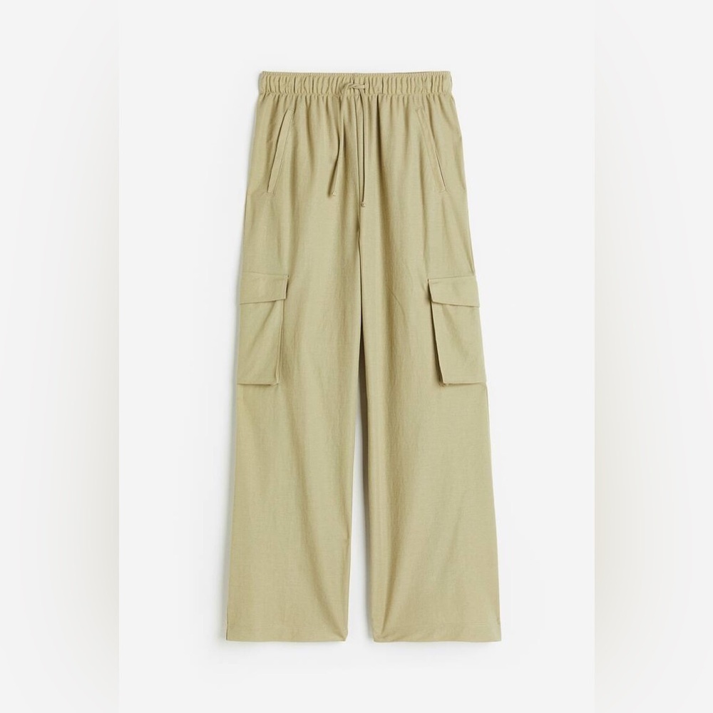 H&M baggy cargo pants wide leg drawstring elastic khaki olive beige high rise